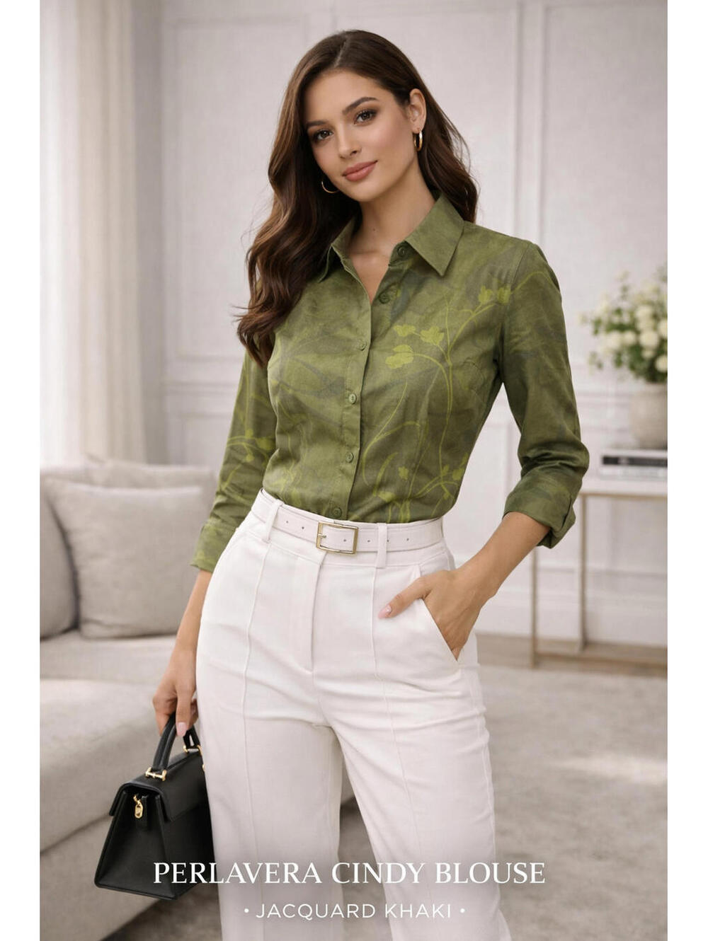 Perlavera Cindy Blouse Small Jacquard Khaki Green Button Front Shirt NWT Chic